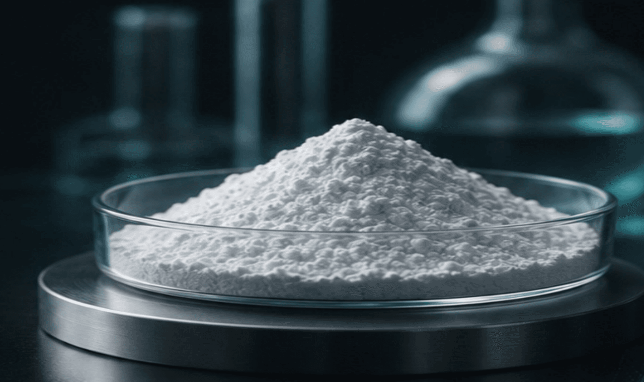 White scandium oxide powder in a laboratory dish